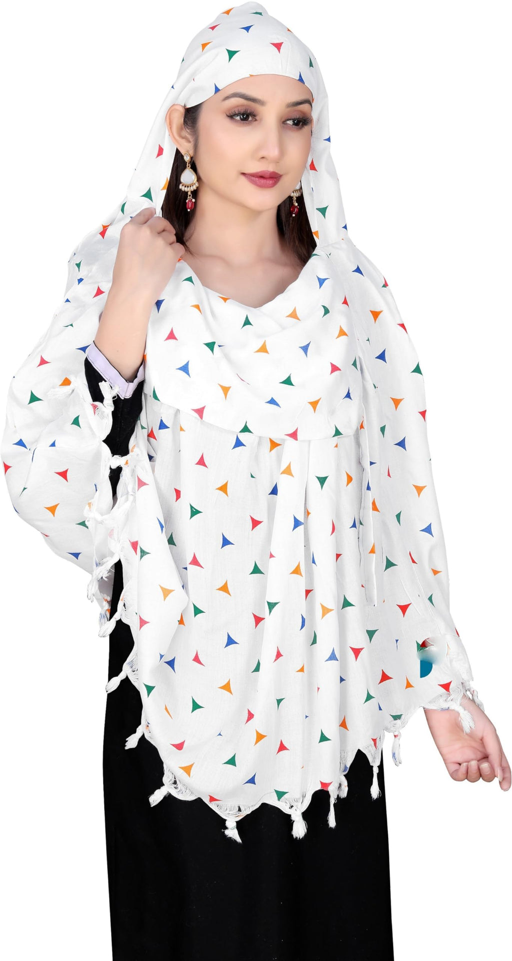 Sclout Soft Cotton Breathable Sun Protection Scarf Dupatta Usable for vehicle Driver | White Printed Design Stoles | Universal Size | For Girl & Women | Light Weight (Scarf - Triangle)