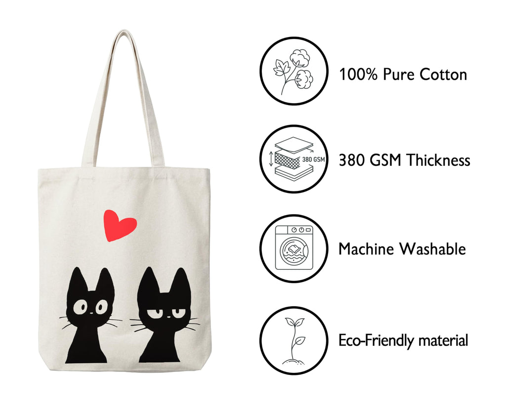 aurora trading Premium Cotton Tote Bag (380 GSM) - Cute Minimalist Love Cats Design. Durable and stylish for everyday essentials.