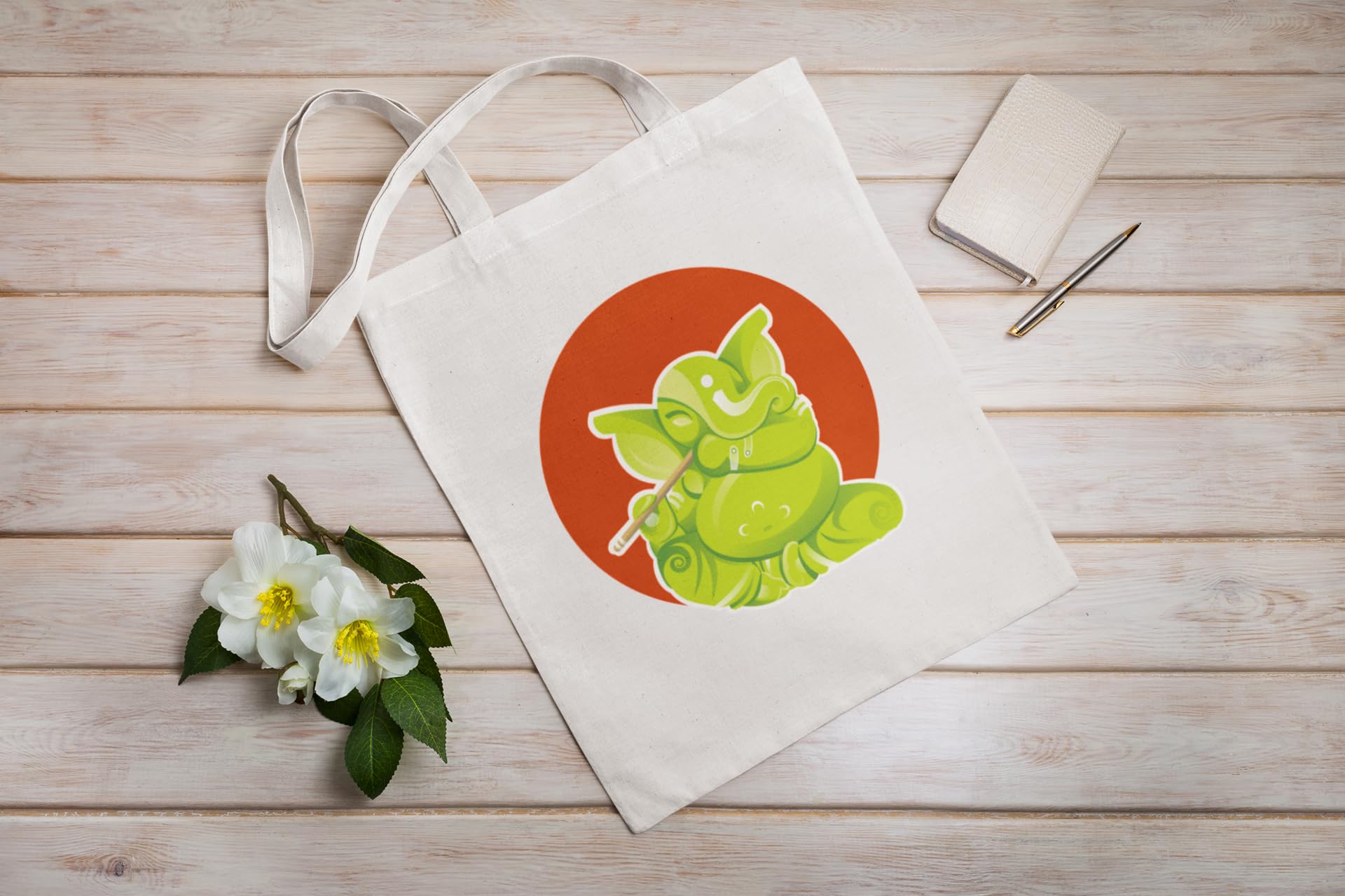 Green Ganesha - Canvas Tote Bag With Zipper by Anantakala (Eco-friendly Shopping Bag, Made of Cotton, Digital Print, Reusable, Washable)