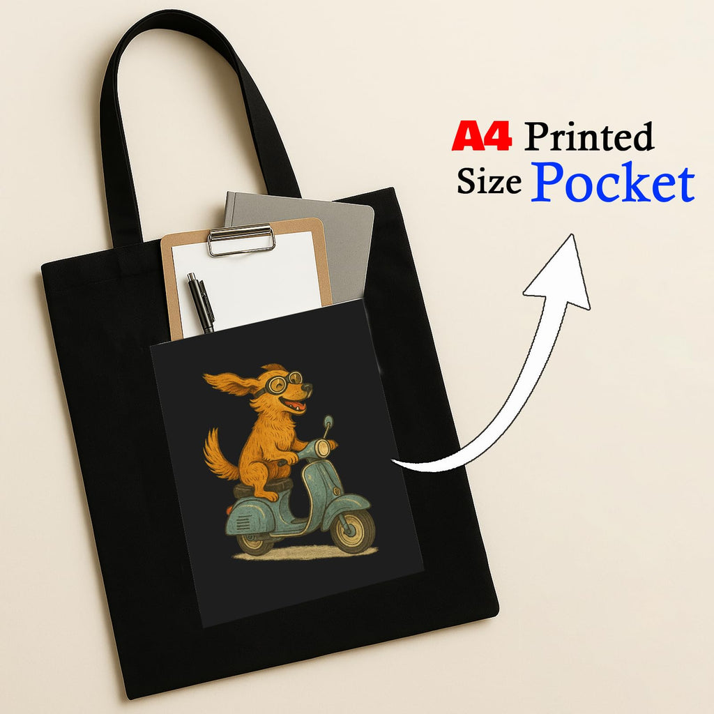 Kirmada Scooter Dog Adventure Tote Bag for Women | Vintage Style Dog Riding Scooter Art Cotton Canvas Tote with Zipper | Funny Animal Print Black Reusable Eco Friendly Bag for Girls & Pet Lovers