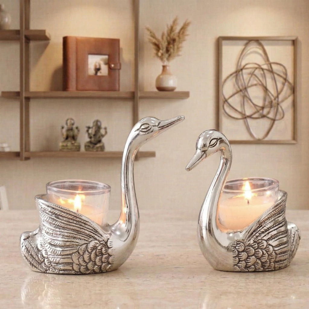 KridayKraft Aluminium Pair of Swans for Good Luck and Love | Candle Holder for Home Decor Tabletop | Showpiece for Gifting Anniversary Valentine's Day (Votive Candle Holders)