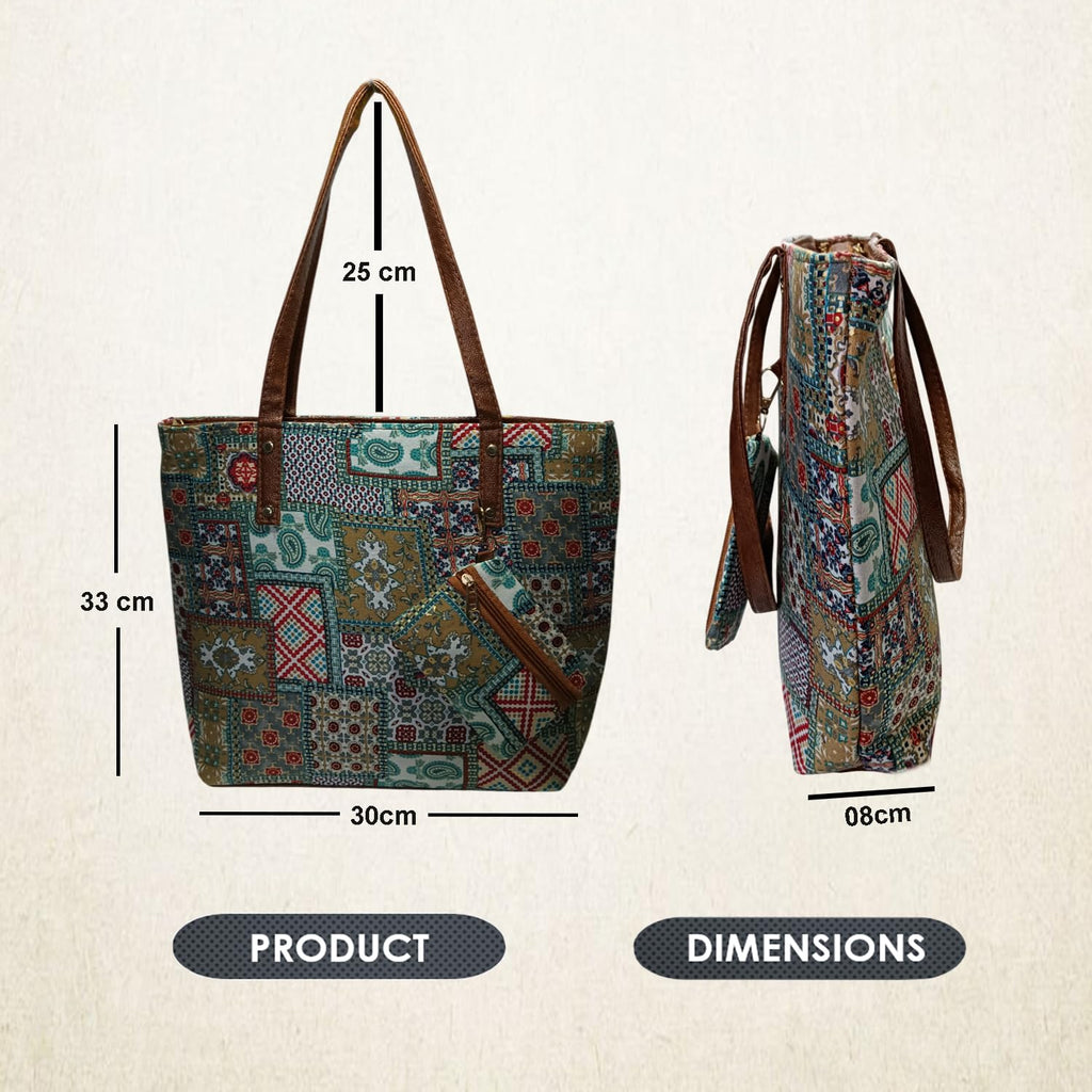 STYLE BA Women’s Stylish Tote Bag with Embroidery Print, Leather Handles & Multiple Zip Pockets | Big Size Handbag for Women | Office, College & Travel Tote Bag (32x30x8 cm)