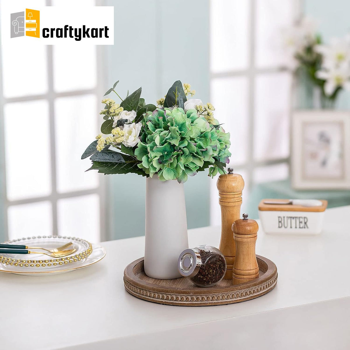 CRAFTYKART Premium Decorative Round Wooden Tray White Washed Bead Tray for Coffee Table Rustic Decor Farmhouse Kitchen for Living Room Home Dining Table Bathroom Organizer 12 in (White Bead Single)