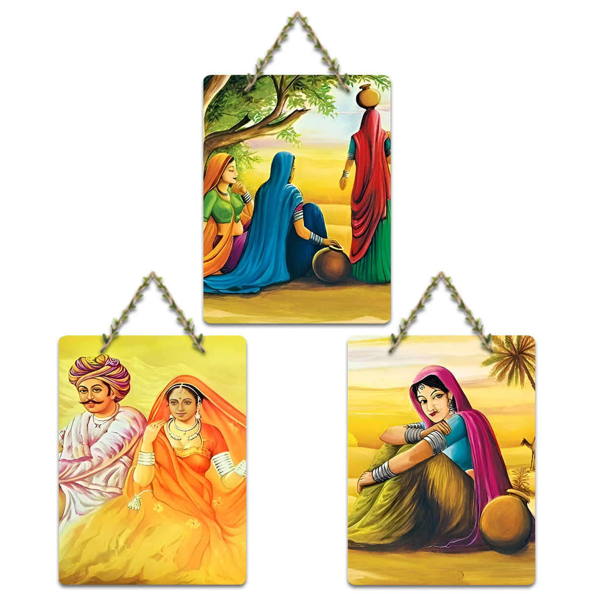 Artvibes Rural Rajasthan Artwork Decorative Wall Hanging Ornaments | Graphic Artwork | Door Decoration Items | Paintings For Wall | Wall Poster | Handcrafted Art | Unique Gift (WH_96141N), Set of 3