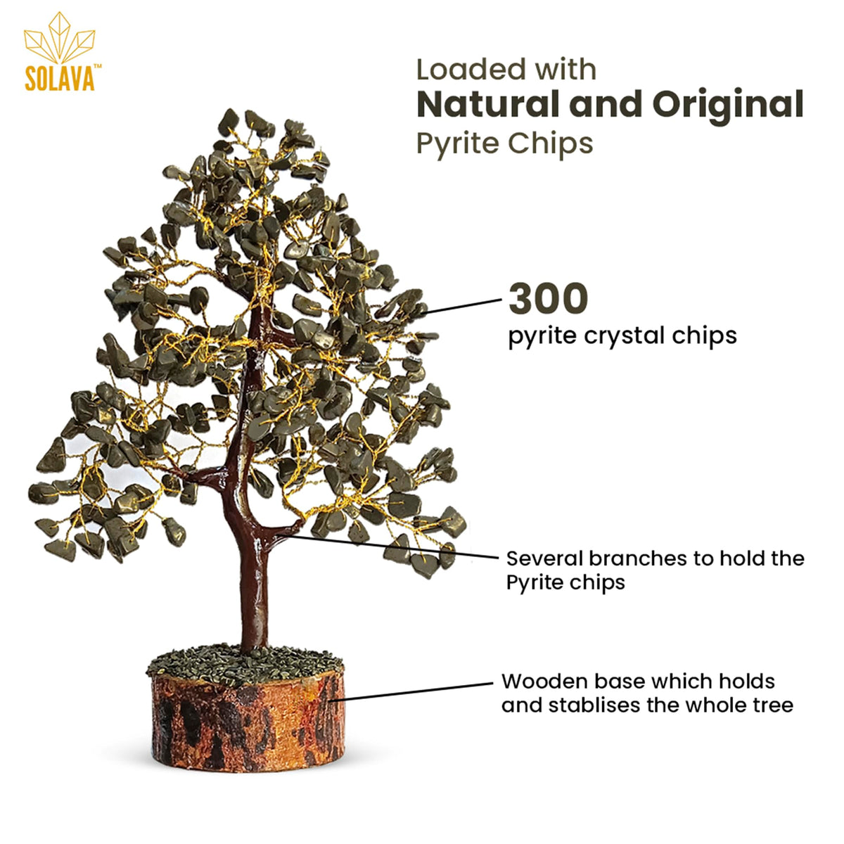SOLAVA Pyrite Crystal Tree for Money - Money Stone Tree for Wealth, Confidence, Vastu Correction, Positive Energy, Reiki Healing and Good Luck- 300 Beads- 10-12 Inches