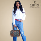 THE CLOWNFISH Lorna Printed Handicraft Fabric Handbag for Women Office Bag Ladies Shoulder Bag Tote for Women College Girls (Slate Grey)
