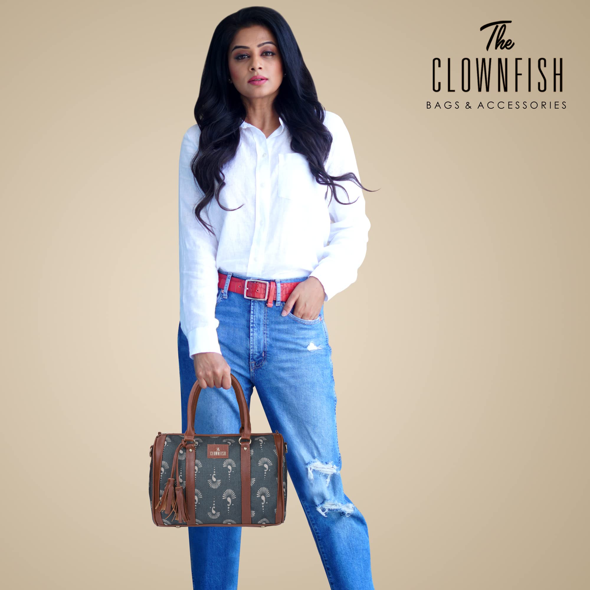 THE CLOWNFISH Lorna Printed Handicraft Fabric Handbag for Women Office Bag Ladies Shoulder Bag Tote for Women College Girls (Slate Grey)