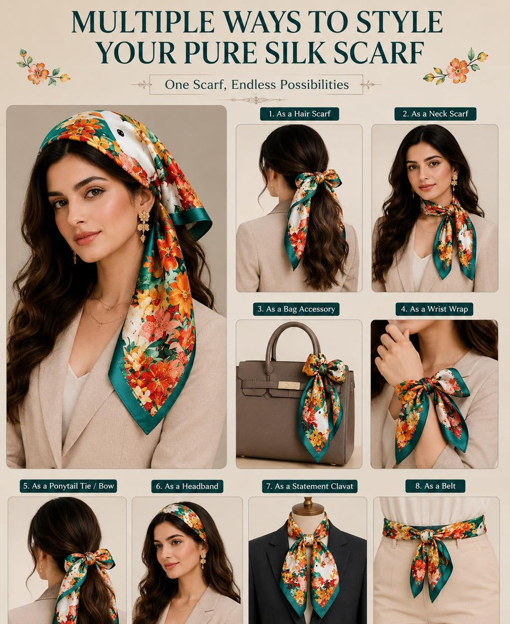 Etietnic Satin Square Head Scarf for Women,GREEN RABBIT Printed