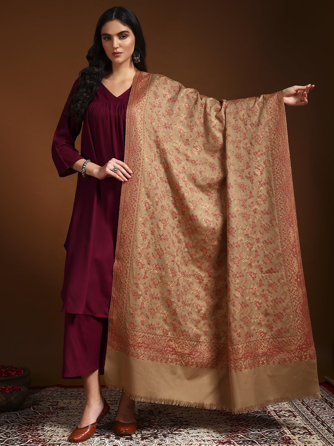 Pashmoda Women Aabroo Kashmiri Jamawar Woven Shawl, Kaani Jacquard Shawls, Stoles, Wraps, Luxury Pashmina Evening Wrap (Size: 40X80 Inches, Pashmina Color) SECS58