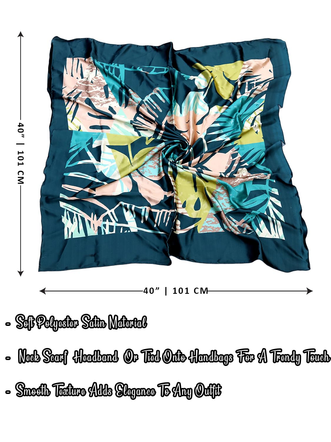 leeza store Women's Silk Scarf For Women – Deep Teal Blue Tropical Abstract Digital Print, 40 X 40 Stylish Stole, Head & Neck Wrap