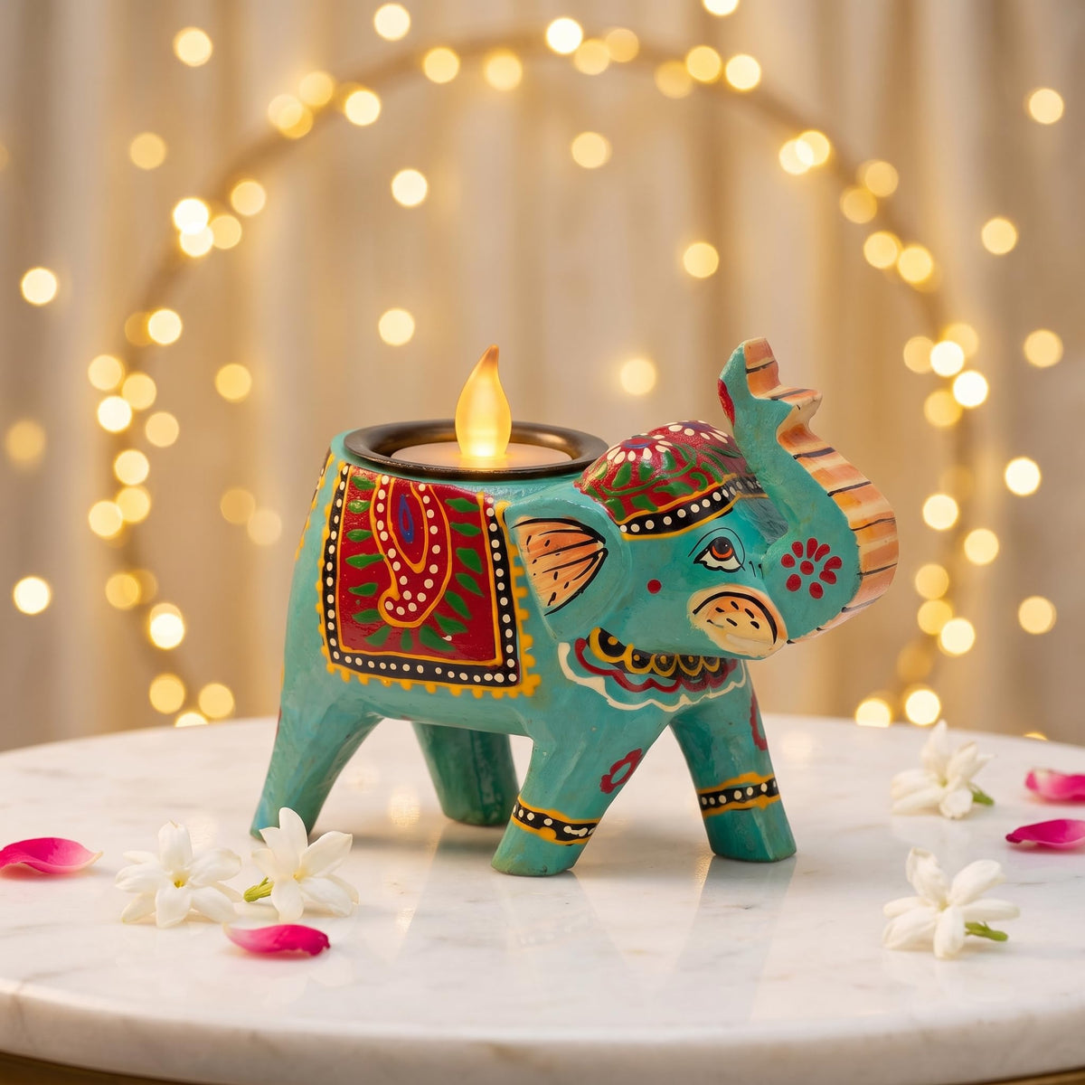 JH Gallery Handpainted Decorative Tealight Candle Holders for Home Decor, Decorative Elephant Showpiece for Table Decor, Perfect Return Gift for Wedding (4 Inches, Blue, Pack of 1)