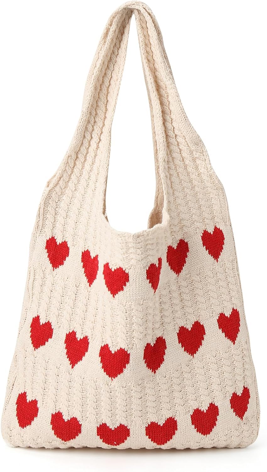 Street27 Women Korean Crochet Tote Bag Casual Work Love Hobo Shoulder Handbags | Multi-Purpose Bag |Sturdy Aesthetic Tote Bag with Large Capacity | Shopping Bag for Office, College & Daily Use(Beige)