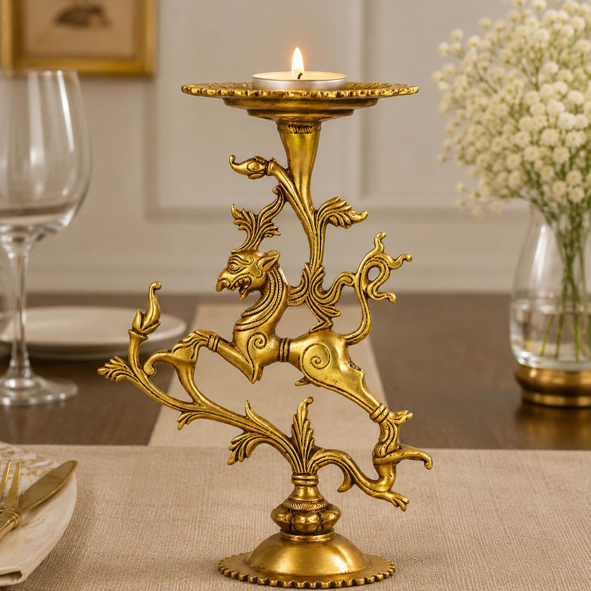 ARTVARKO Brass Designer Candle Holder Tibetan Nepali Dragon Tealight Holder Stand for Table Centerpiece Home Décor Gift 9 Inch
