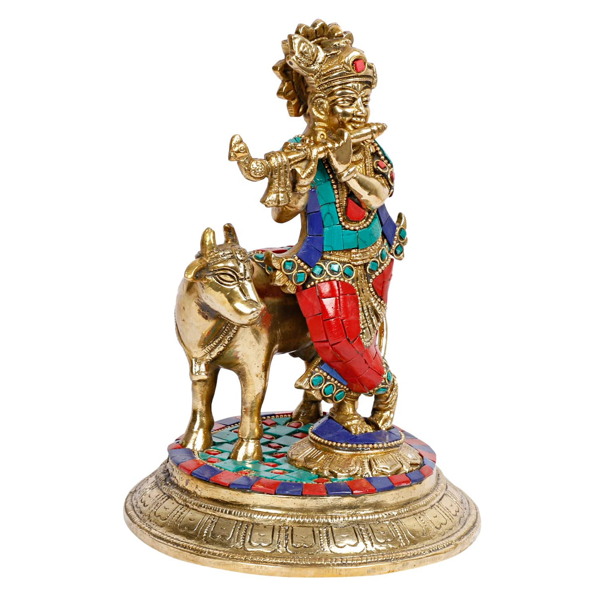 ARTVARKO Brass Krishna with Cow Standing Playing Flute Idol Statue for Home Mandir Pooja Krishan Ji Murti Temple Puja Office Home Décor Showpiece Gift 8 Inch.