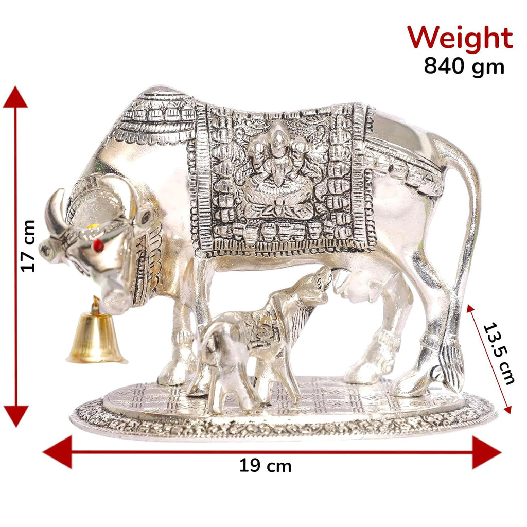 KridayKraft Kamdhenu Cow with Calf Metal Statue for Good Luck, Feng Shui As Table Top Figurine, Vastu, Religious Gau Mata Idol Home, Office and Table Decorative (Silver, Standard)