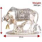 KridayKraft Kamdhenu Cow with Calf Metal Statue for Good Luck, Feng Shui As Table Top Figurine, Vastu, Religious Gau Mata Idol Home, Office and Table Decorative (Silver, Standard)