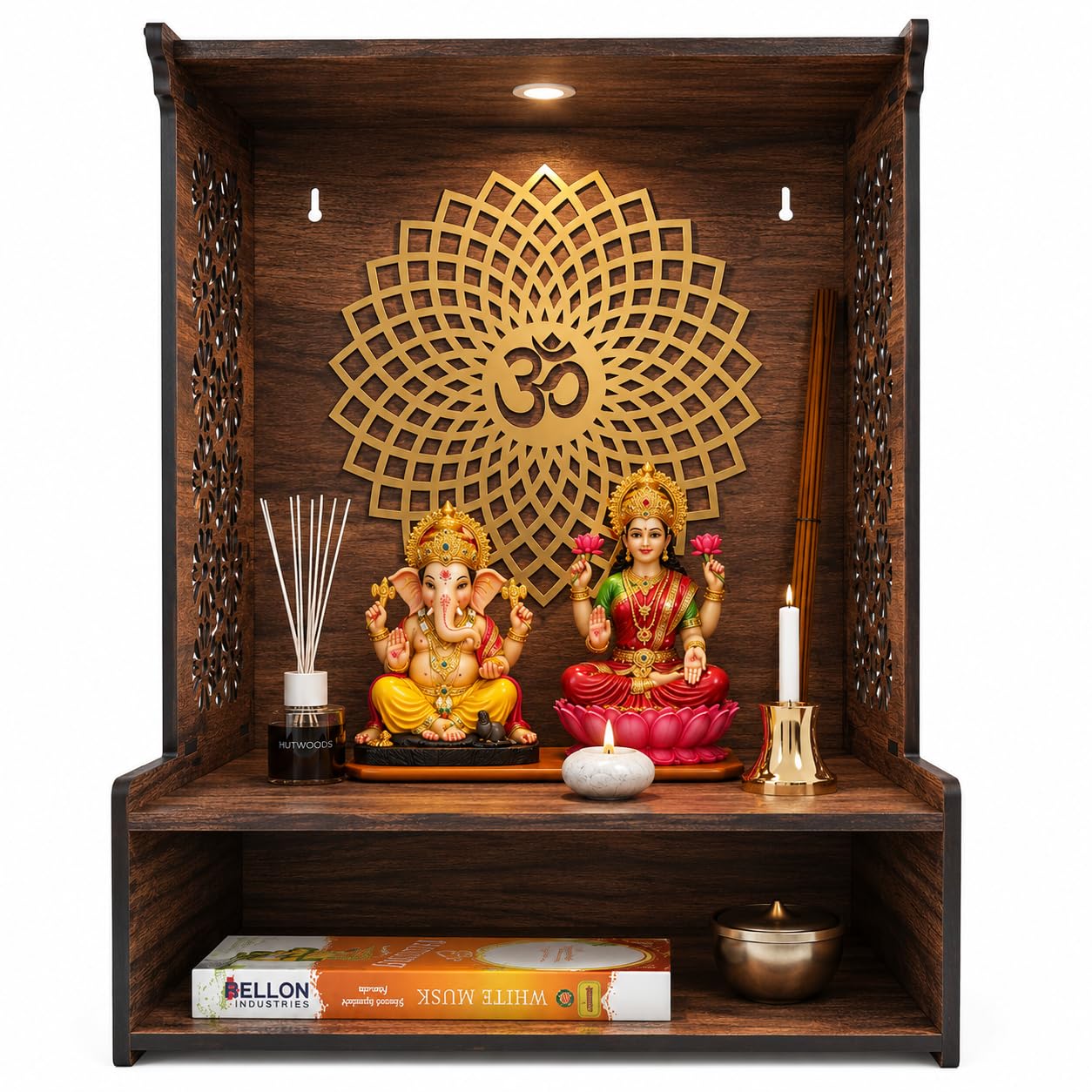 Fliptic Wooden Temple for Home with LED Spotlight | Wall Mounted Pooja Mandir for Home & Office | Decorative Wooden Mandir with Elegant Design for Living Room, Prayer Room & Home Temple Décor