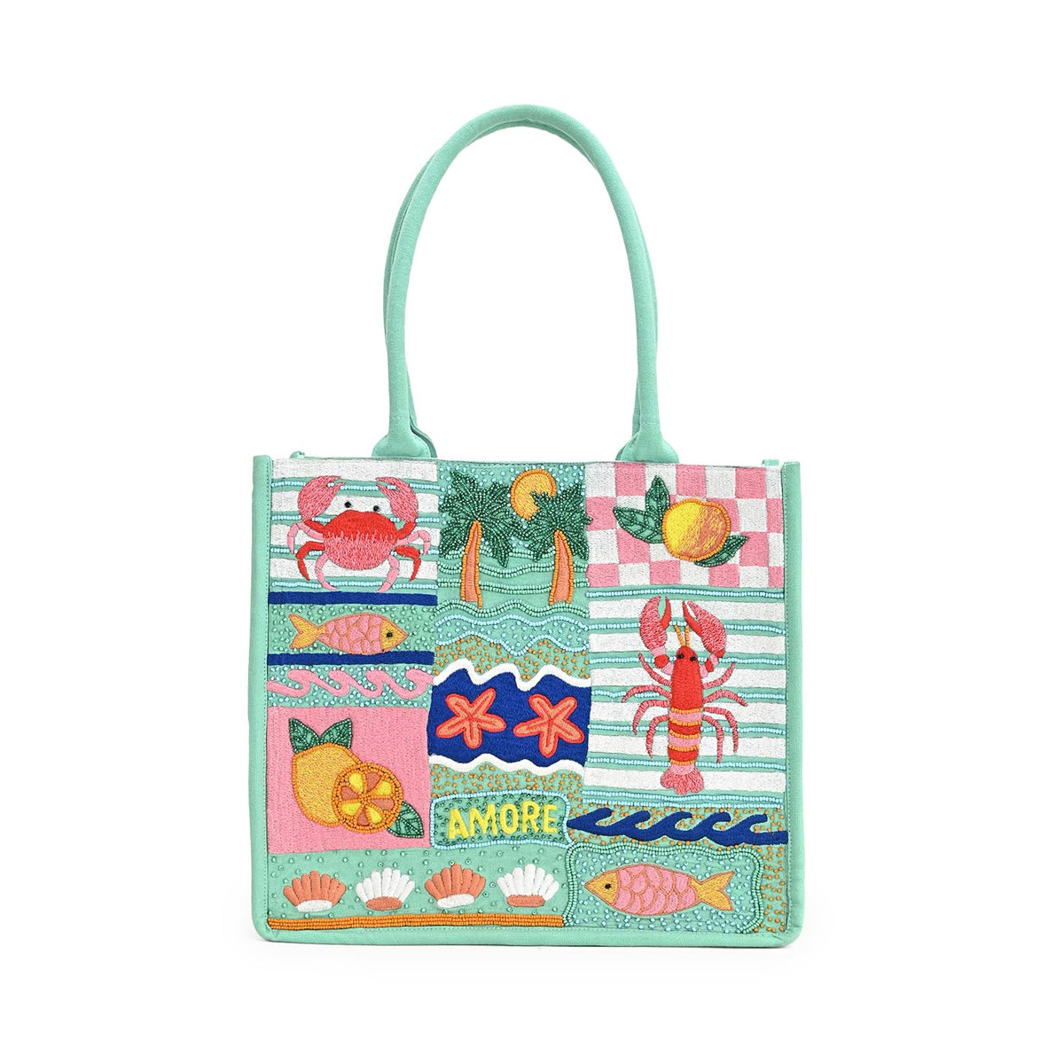 Boho Girl Handbag for Women Coastal Charm Cotton Tote Bag, Ocean Theme Embroidered Ladies Shoulder Bag, Stylish Women Tote Bag for Beach, Travel, Shopping and Everyday Use