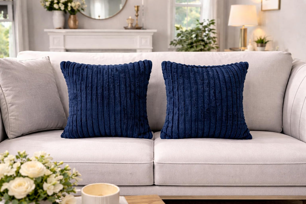 AWARD VELVETS Premium Faux Rabbit Fur Plush Luxury Soft Fluffy Striped Decorative Throw Pillow/Cushion Covers for Sofa, Couch, Living Room - (Navy Blue, 16 x 16 inch) Set of 1
