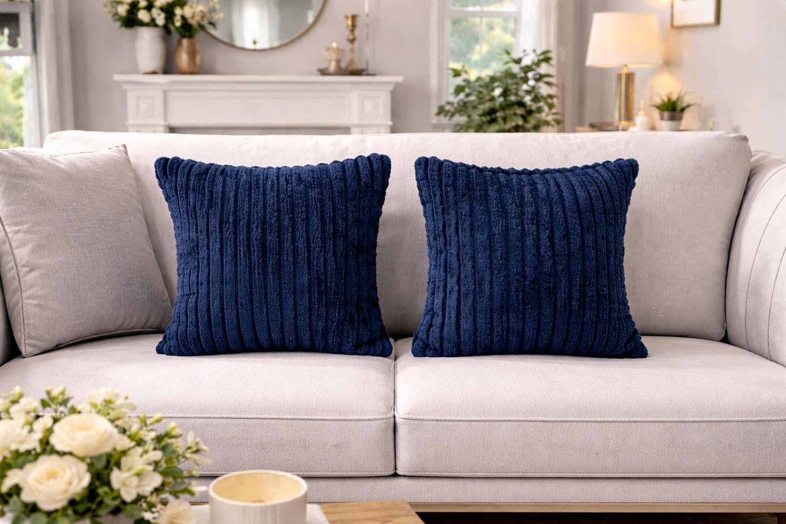 AWARD VELVETS Premium Faux Rabbit Fur Plush Luxury Soft Fluffy Striped Decorative Throw Pillow/Cushion Covers for Sofa, Couch, Living Room - (Navy Blue, 16 x 16 inch) Set of 1