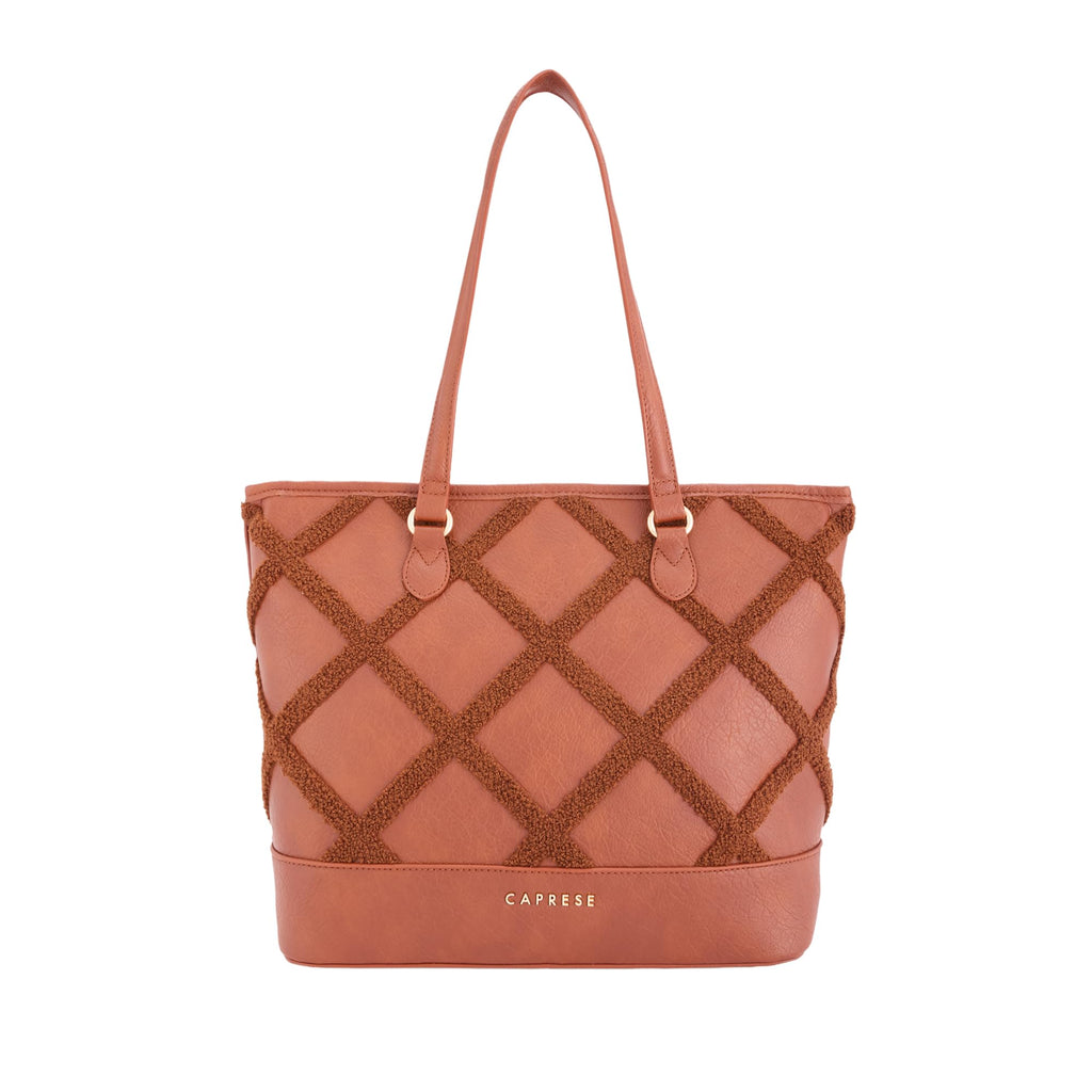 Caprese Athena 15 Inch Laptop Compatible Large Tote Bag for Women | Shoulder Bag with Chenille Embroidery | Multi-Compartment Professional Work Bag with Zipper Closure (Tan)