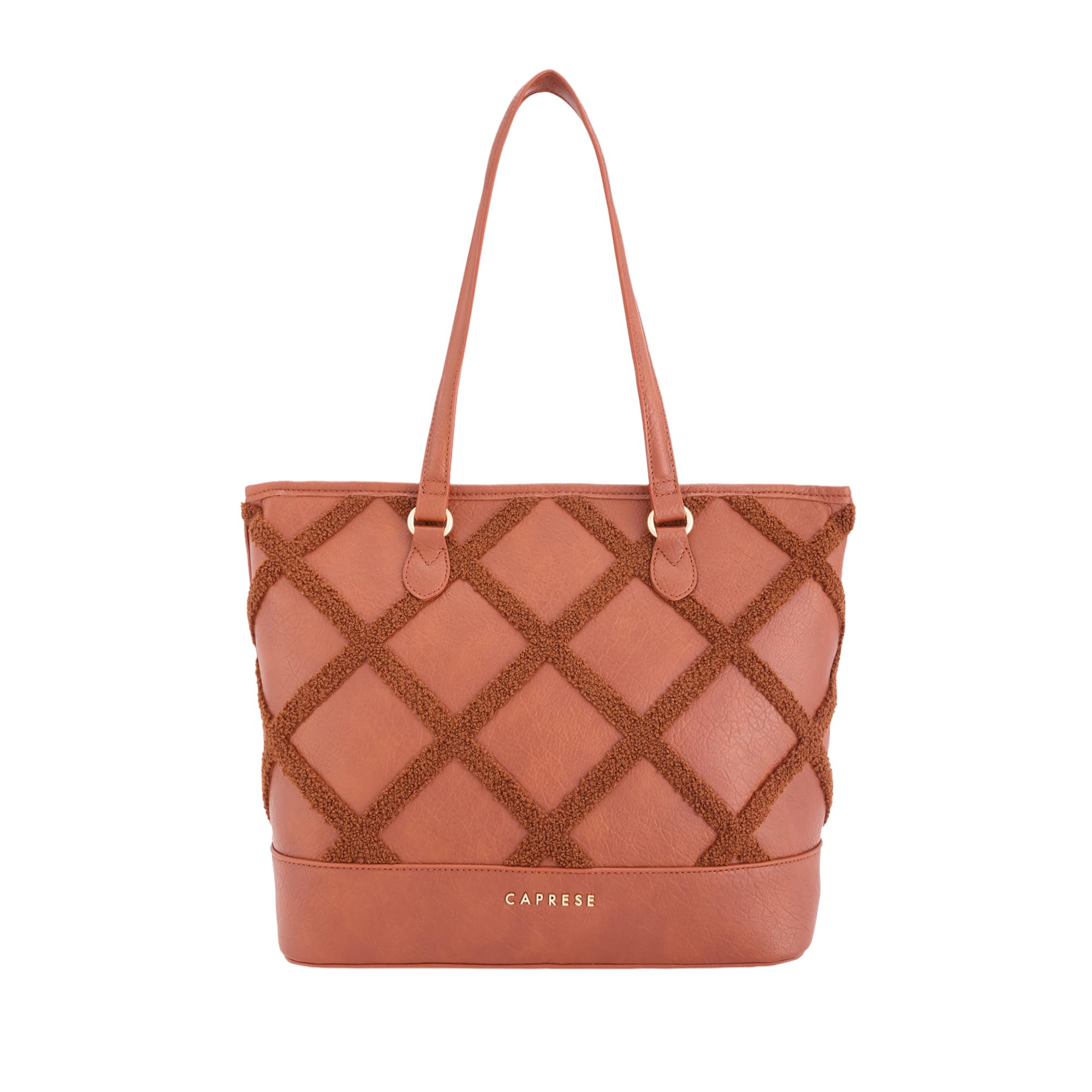 Caprese Athena 15 Inch Laptop Compatible Large Tote Bag for Women | Shoulder Bag with Chenille Embroidery | Multi-Compartment Professional Work Bag with Zipper Closure (Tan)