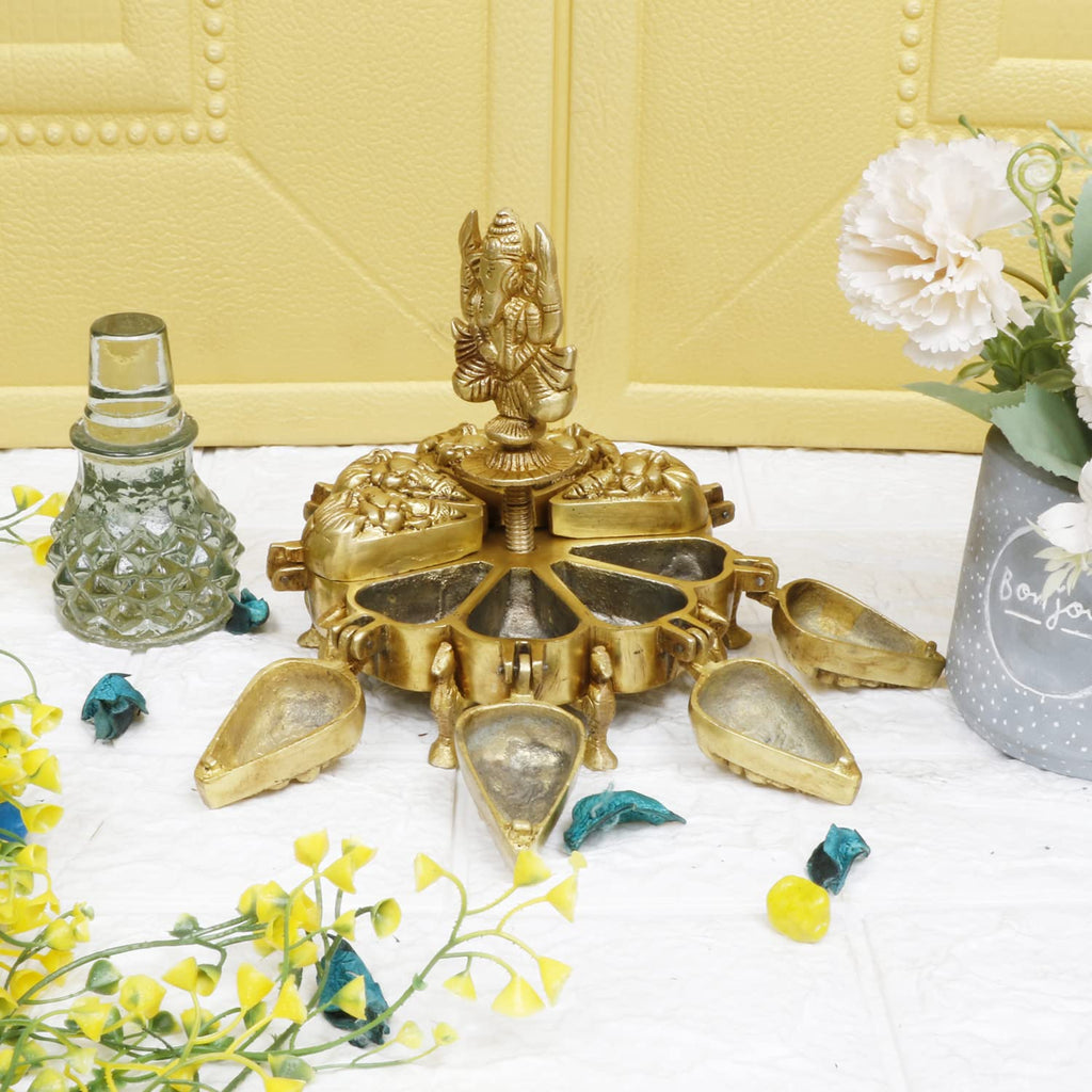 ARTVARKO Brass Ganesha Chopda Box Ganpati Idol Multiple Nine Box Compartment for Kumkum Sindoor Vermillion Worshiping Ritual Marriage Gift Gold 6 Inch