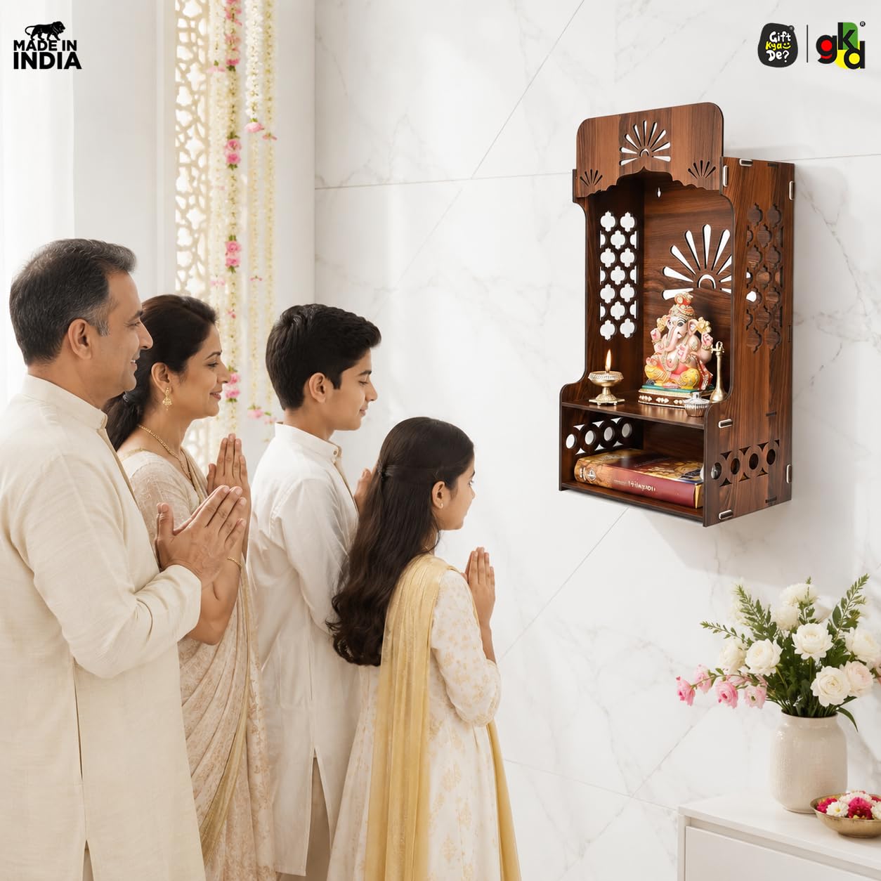 Gift Kya De Divya Om Beautiful Wooden Pooja Stand for Home, Temple, Office, Wall Mounted Puja Mandir with LED Light, Home Temple, Wooden Mandir for Home Decor, Size (H-20, L-12, W-8 Inch) (Wood)