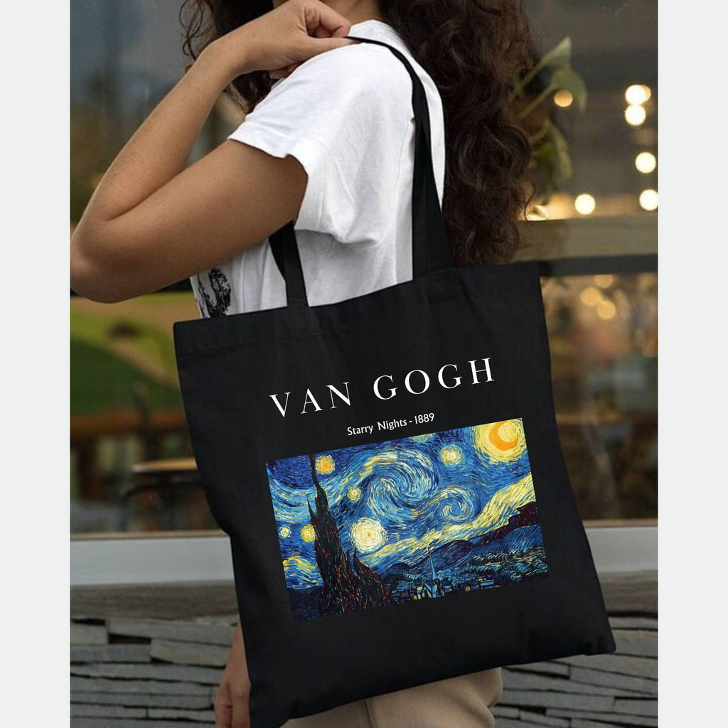 Peach Blossom Van Gogh Printed Tote Bag for Women with Zip, Stylish Cotton Handbags, Canvas Tote Bags for College (Black_VanGoghStaryNight)