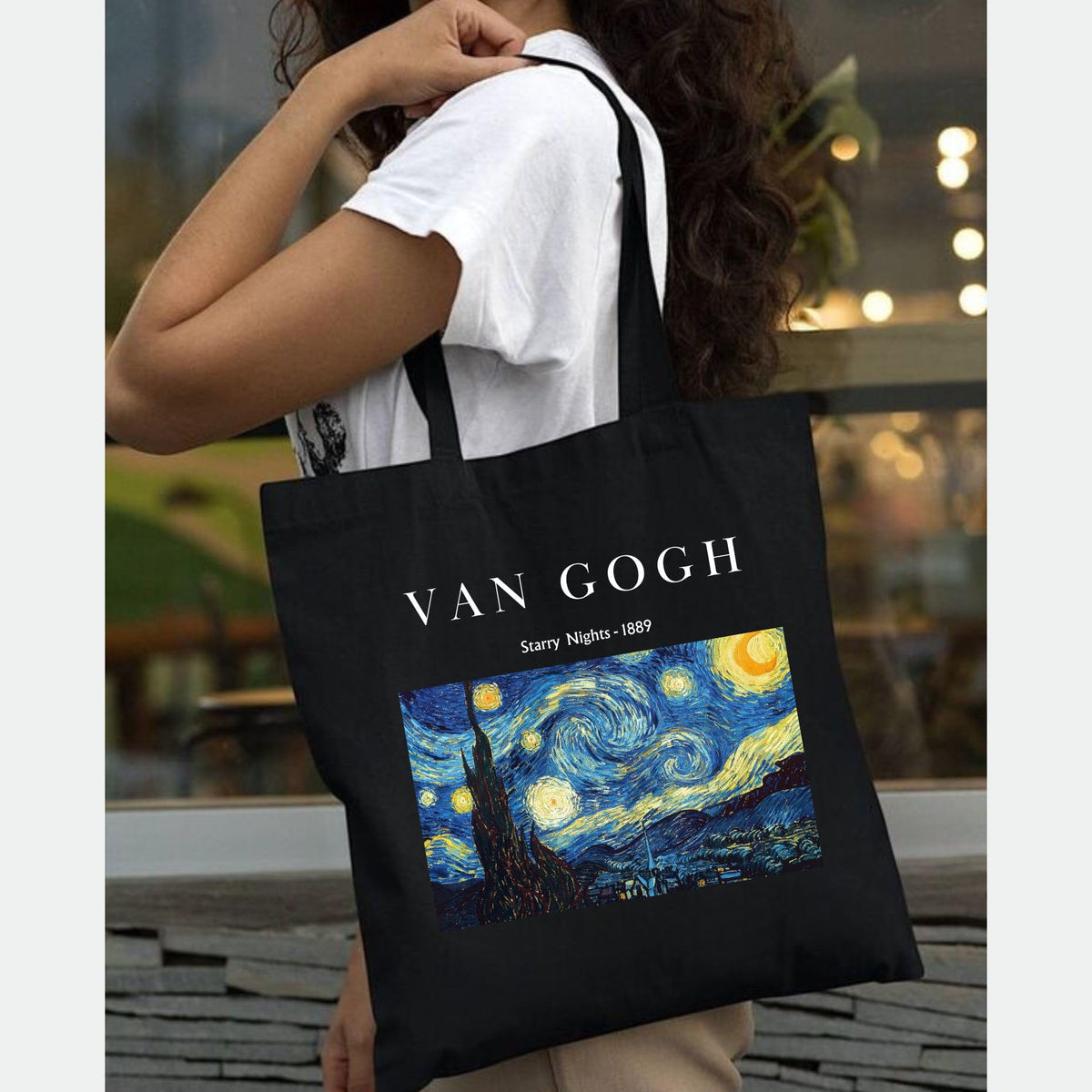 Peach Blossom Van Gogh Printed Tote Bag for Women with Zip, Stylish Cotton Handbags, Canvas Tote Bags for College (Black_VanGoghStaryNight)