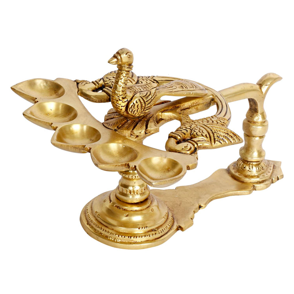 Artvarko™ Peacock Bird Design 5 Oil Wick Brass Panch Aarti Diya with Handle Decorative Puja Accessory, Camphor Burner lamp Aarti for Navratra, Diwali Gifts Home Decor 8 Inches.