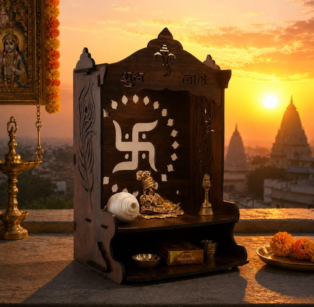 Wooden Pooja Mandir for Home, Pine Home Temple with Spacious Shelf, Hindu Mandir, Mini Temple for Home Decor, Living Room & Office (Natural Wood Brown, 32 X 26 X 20 Cms, Swastik Design 2)