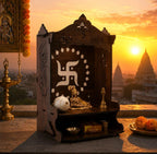 Wooden Pooja Mandir for Home, Pine Home Temple with Spacious Shelf, Hindu Mandir, Mini Temple for Home Decor, Living Room & Office (Natural Wood Brown, 32 X 26 X 20 Cms, Swastik Design 2)