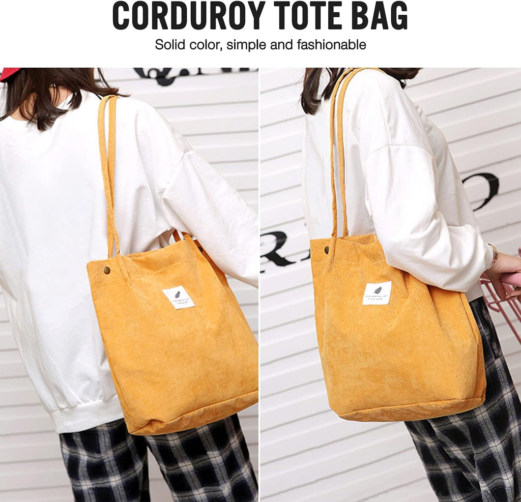 Street27 Korean Canvas Corduroy Tote Bag Casual Work Shoulder Handbags, Multi-Purpose Bag, Sturdy Canvas Bag With Large Capacity, Shopping Bag For Office, College & Daily Use (Yellow, Womens)