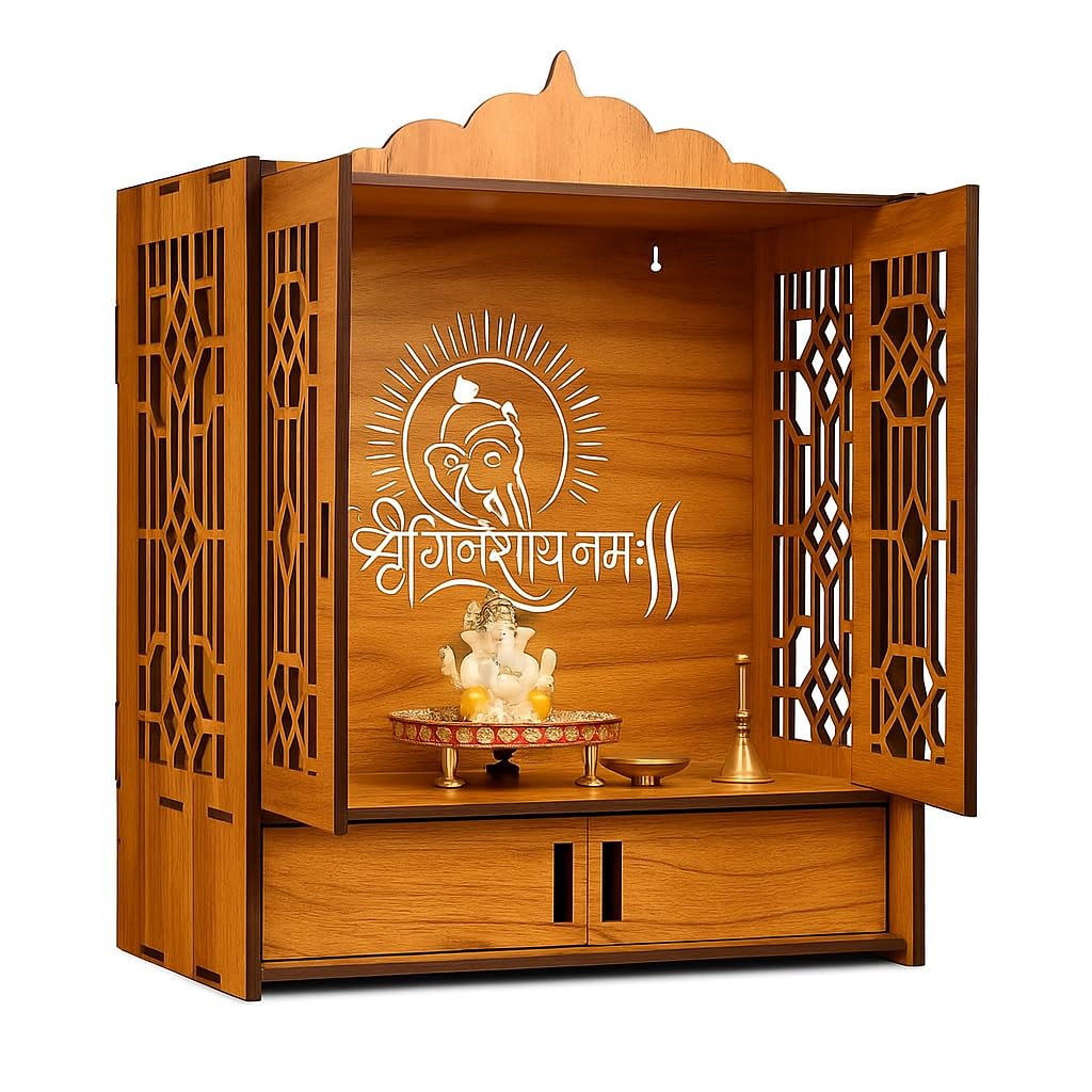 ARTIHC CRAFT Large Wooden Home Temple Mandir with Doors, Krishna Wall Art Design, Dual Storage Drawers, and Wall-Mounting Capability, Ideal Pooja Unit for Home Worship| Sculpture-GaneshayNamah