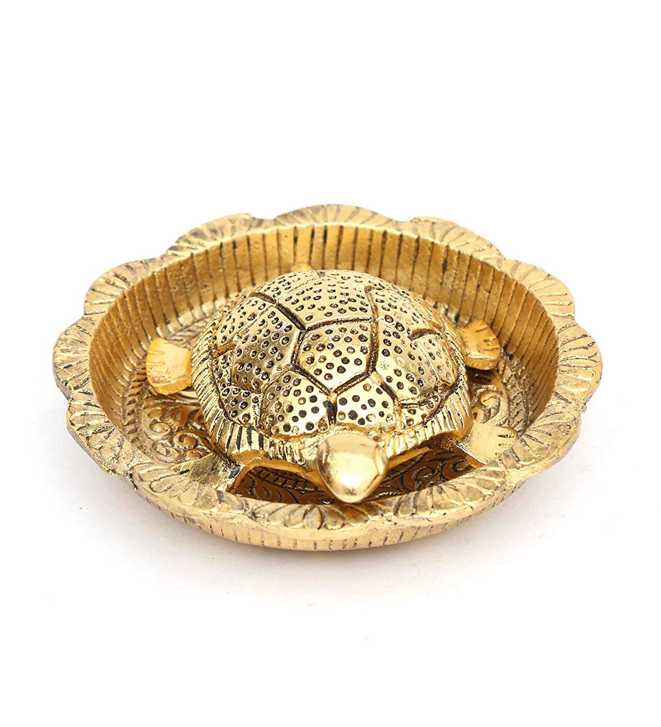 Prince Home Decor & Gifts Metal Feng Shui Tortoise On Plate Showpiece Golden Finish