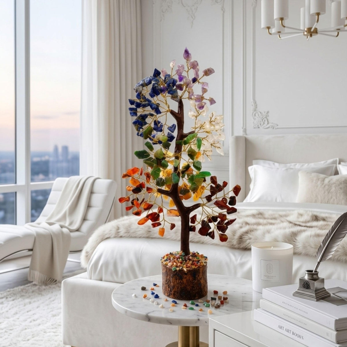 DECOROID 7 Chakra Crystal Healing Tree Showpiece with Natural Stones for Office and Home Decor (100 Beads)