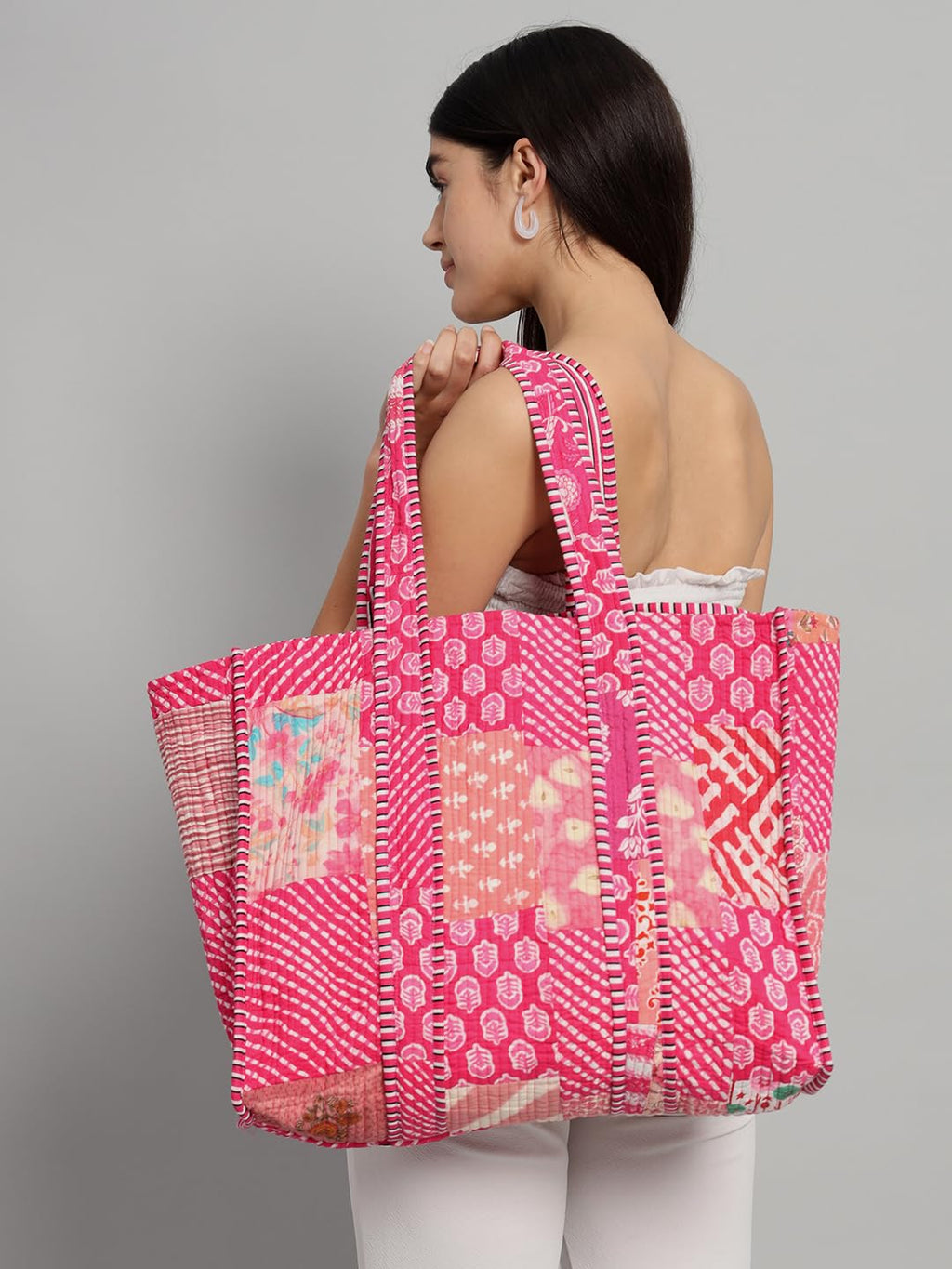 Ravaiyaa - Attitude is everything Patchwork Quilted Tote Bag Women Reversible Shoulder Bag Cotton Carry Bag Multipurpose Tote Bags (Pink)