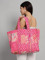 Ravaiyaa - Attitude is everything Patchwork Quilted Tote Bag Women Reversible Shoulder Bag Cotton Carry Bag Multipurpose Tote Bags (Pink)