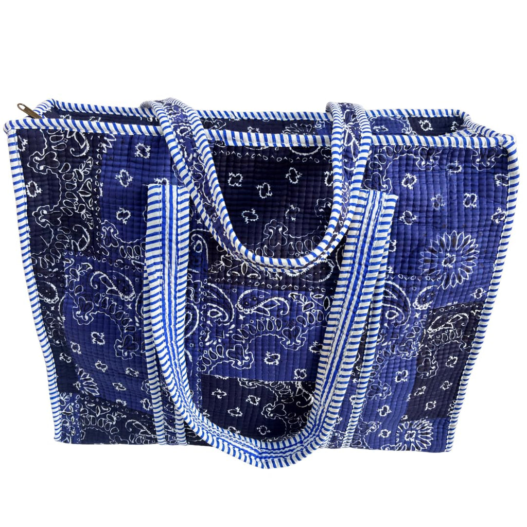 Bazaar Bhoot Edition Premium Cotton Quilted Shopping Tote Bag - Multipurpose Long Lasting Foldable Reusable Bag with zipper for Shopping, Travel & Daily Use - Made in India (Shaded Blue)