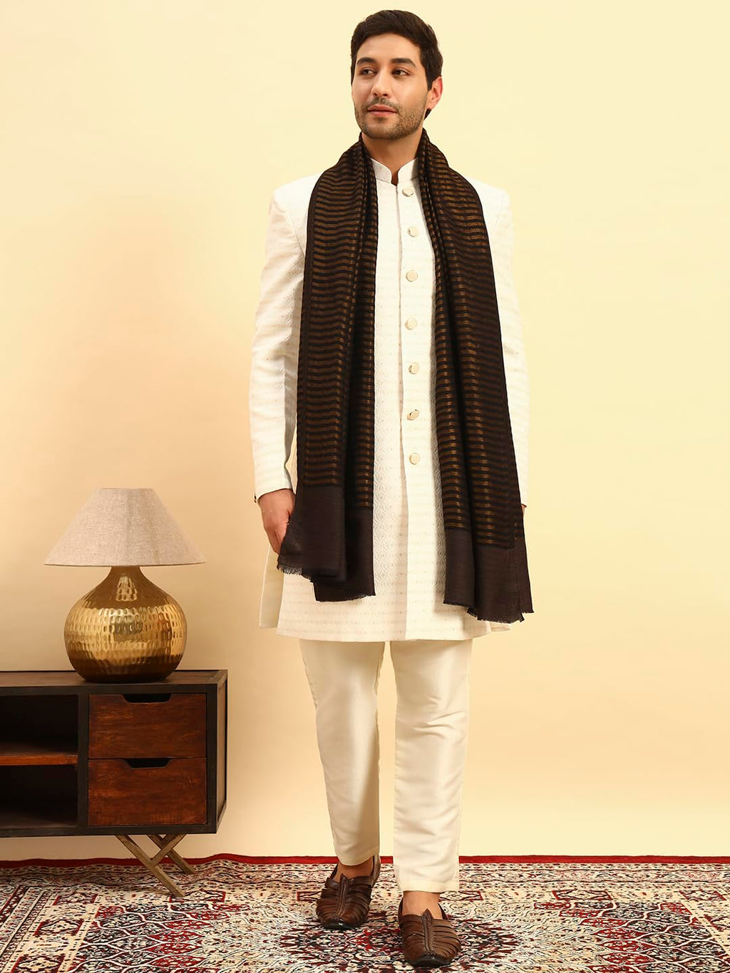 Pashmoda Men Golden Eclipse Reversible Zari Moonlight Fine Wool Stole (Size-28x80in, 71x203cm) MZSST03