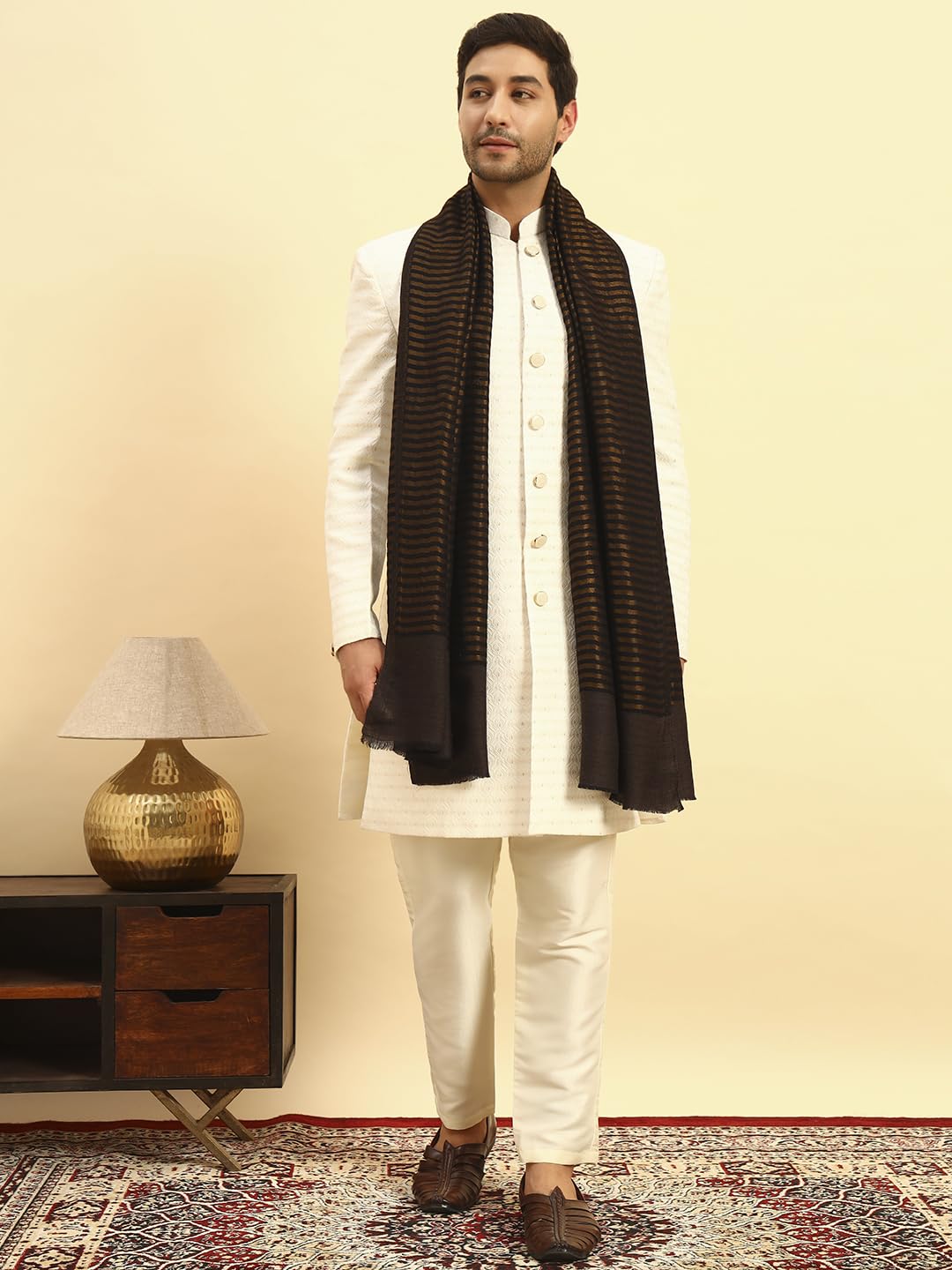 Pashmoda Men Golden Eclipse Reversible Zari Moonlight Fine Wool Stole (Size-28x80in, 71x203cm) MZSST03