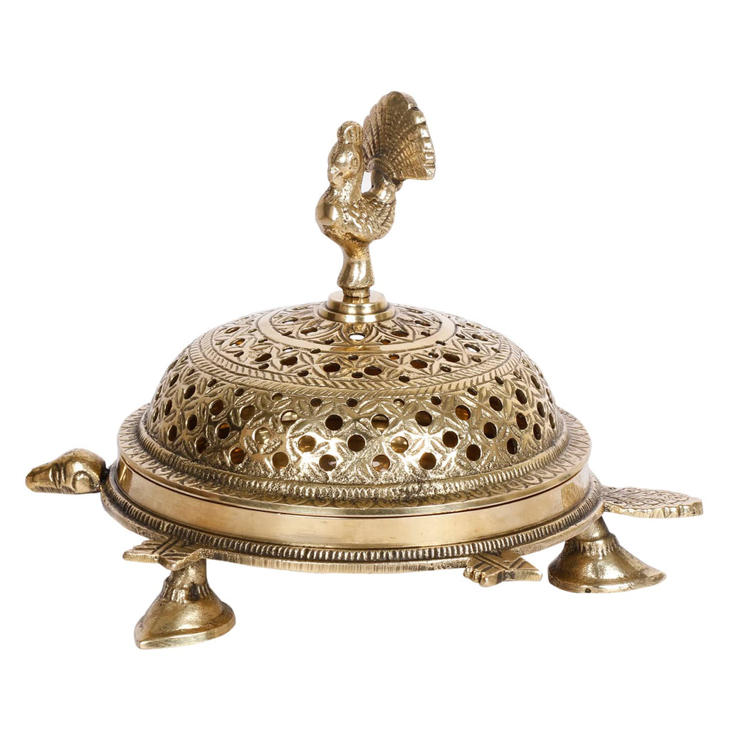 Artvarko™ Brass Tortoise Peacock Incense Burner - Loban Dhoop Dani for Home, Office, Temple, God Puja (6.5x5x4.5 Inches)