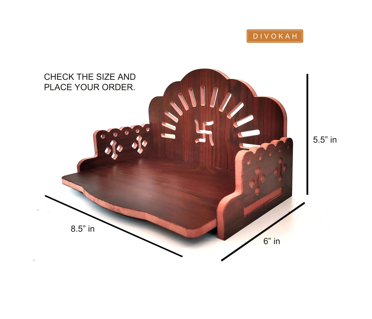 DIVOKAH® MDF Small Wooden Temple/Wall Shelves/sinhasan/Pooja Stand/Hindola (8.5 in * 6 in * 5.5 in) (8 MM Plywood Thickness) (SNS BR SWASTK)
