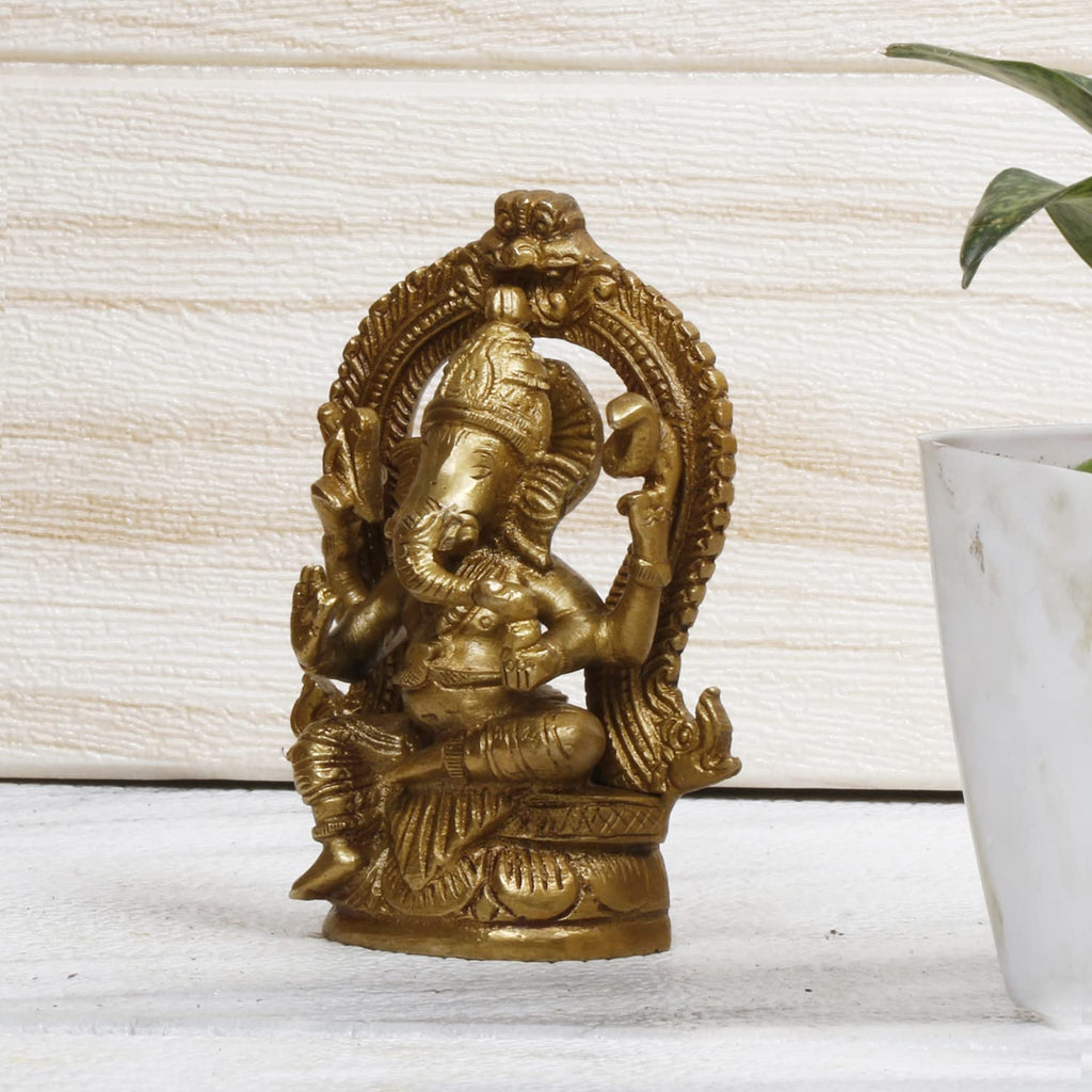ARTVARKO Brass Lord Ganesha Sitting on Singhasan Ganesh Bhagwan Idol Ganpati Murti Metal Statue for Home Office Entrance Decor Diwali Pooja 4.5 Inches