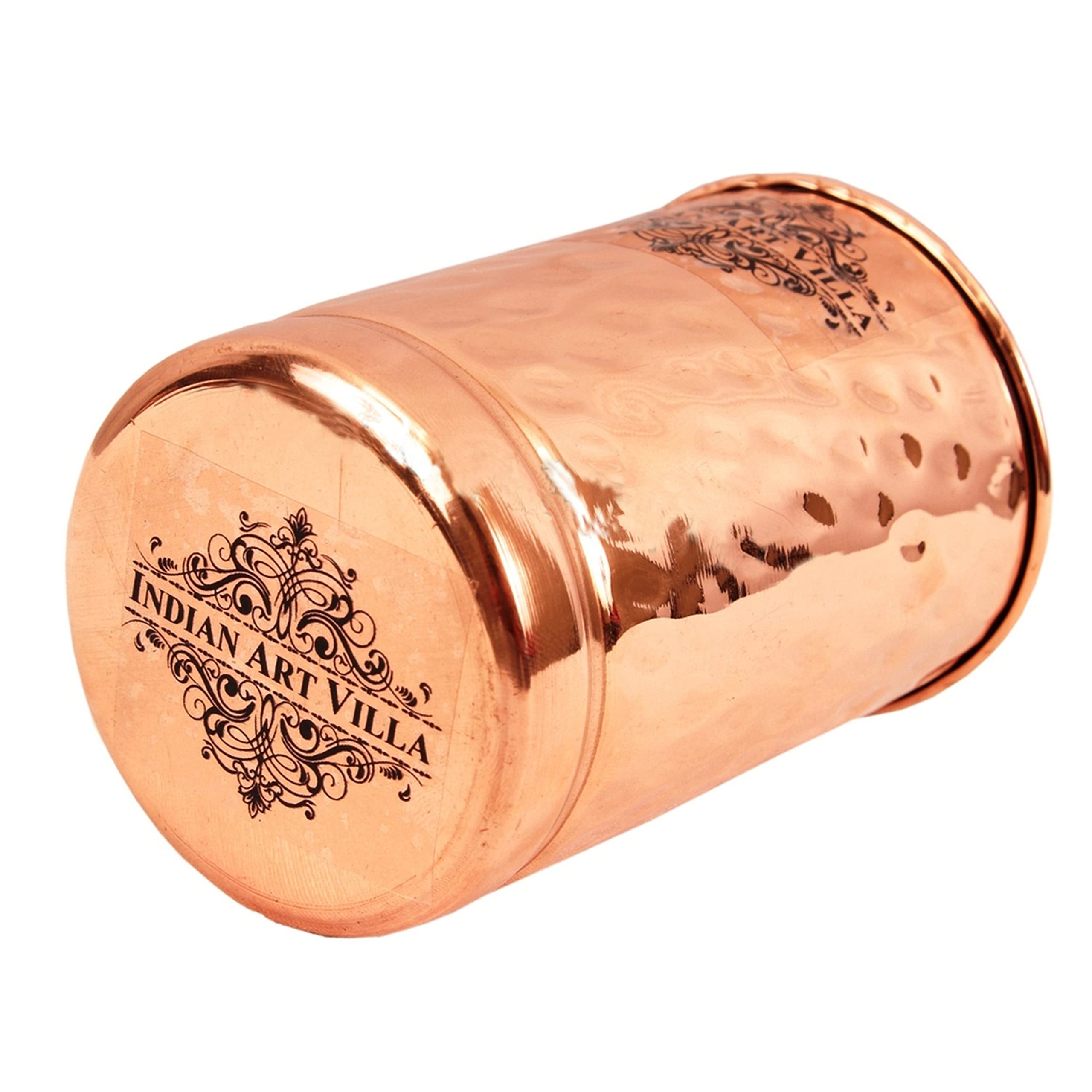 INDIAN ART VILLA Pure Copper Plain Glass with Hammered Design, Drinking Serving Water, Yoga Ayurveda, Volume-300 ml