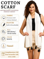 GALE GIRLS Cotton Mulmul Scarf|Scarf for Women|Mulmul Stole|Soft Beach Wrap|Tassel Design|Easily fits 180 * 50cm|White