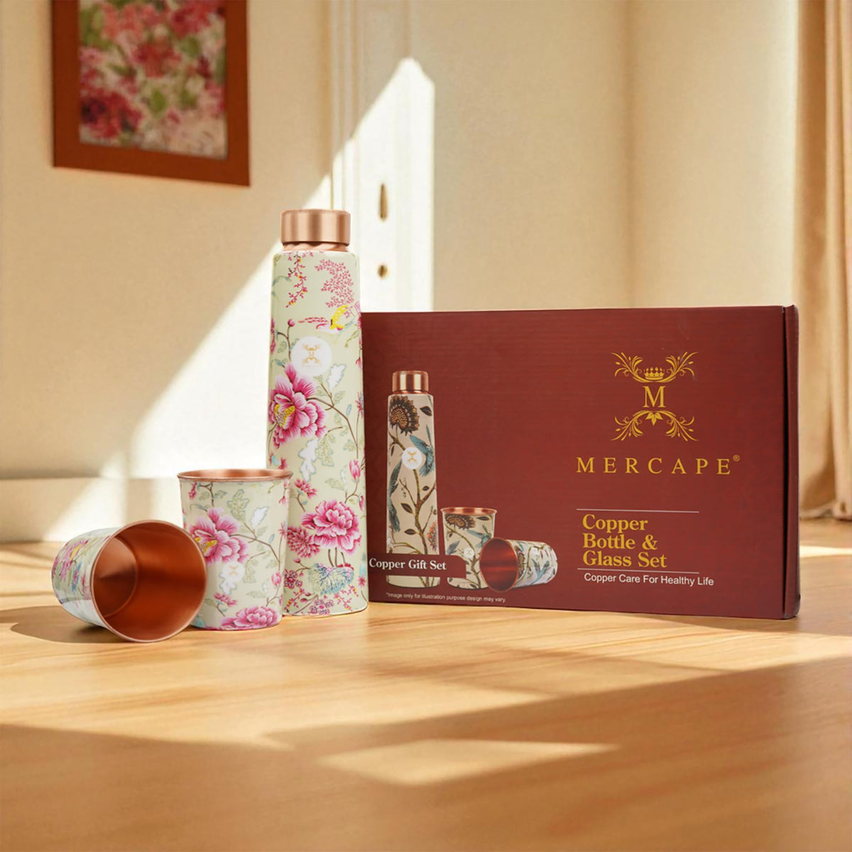 MERCAPE® Pure Copper Water Bottle Gift Set with 2 Copper Glasses (300 ml Each) | Meena Print Decorative Design | Leak Resistant Screw Cap | Reusable Copper Drinkware Set | 900 ml