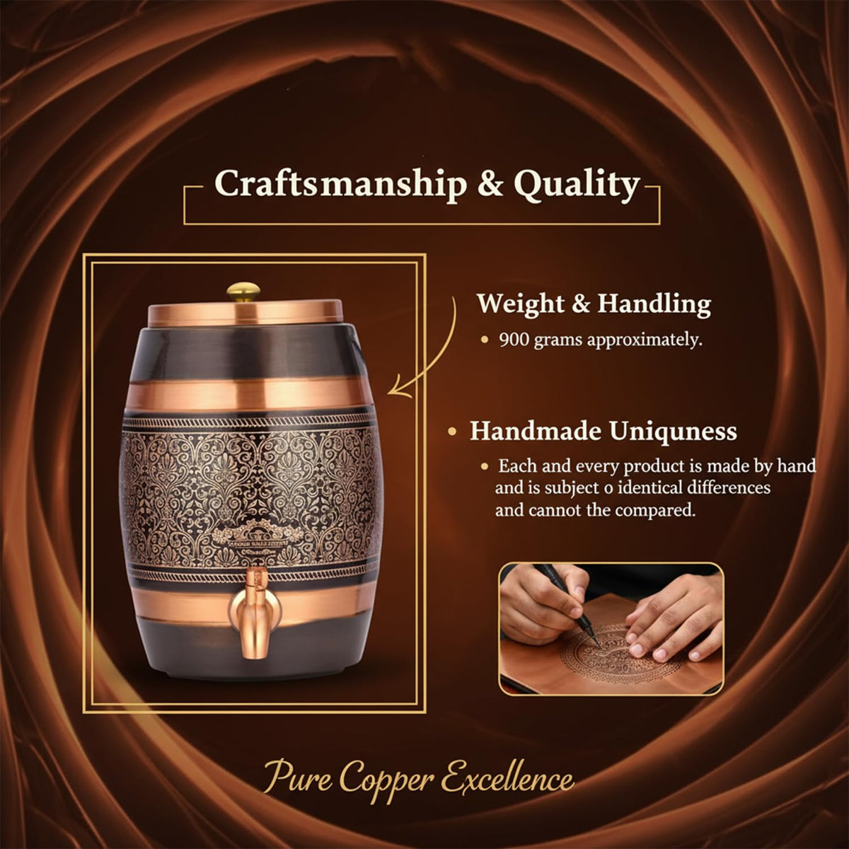 cWc Pure Copper Water Dispenser 5 Litre | Handcrafted Antique Engraved Copper Barrel | Ayurvedic Water Storage Pot | Traditional Copper Water Tank for Home, Kitchen & Office