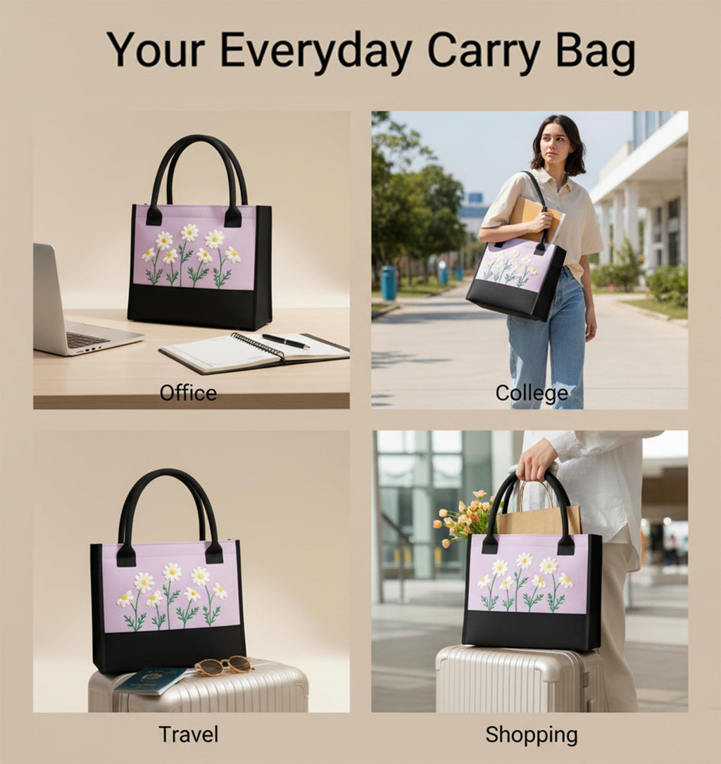 ECOCARRY Cotton Tote Bag For Woman Stylish | Embroidered Canvas Hand Bag With Floral Design | Latest Casual Shoulder Bag Zipper For College Girls, Office, Daily Use, Travel, Beach, Shopping (Purple)